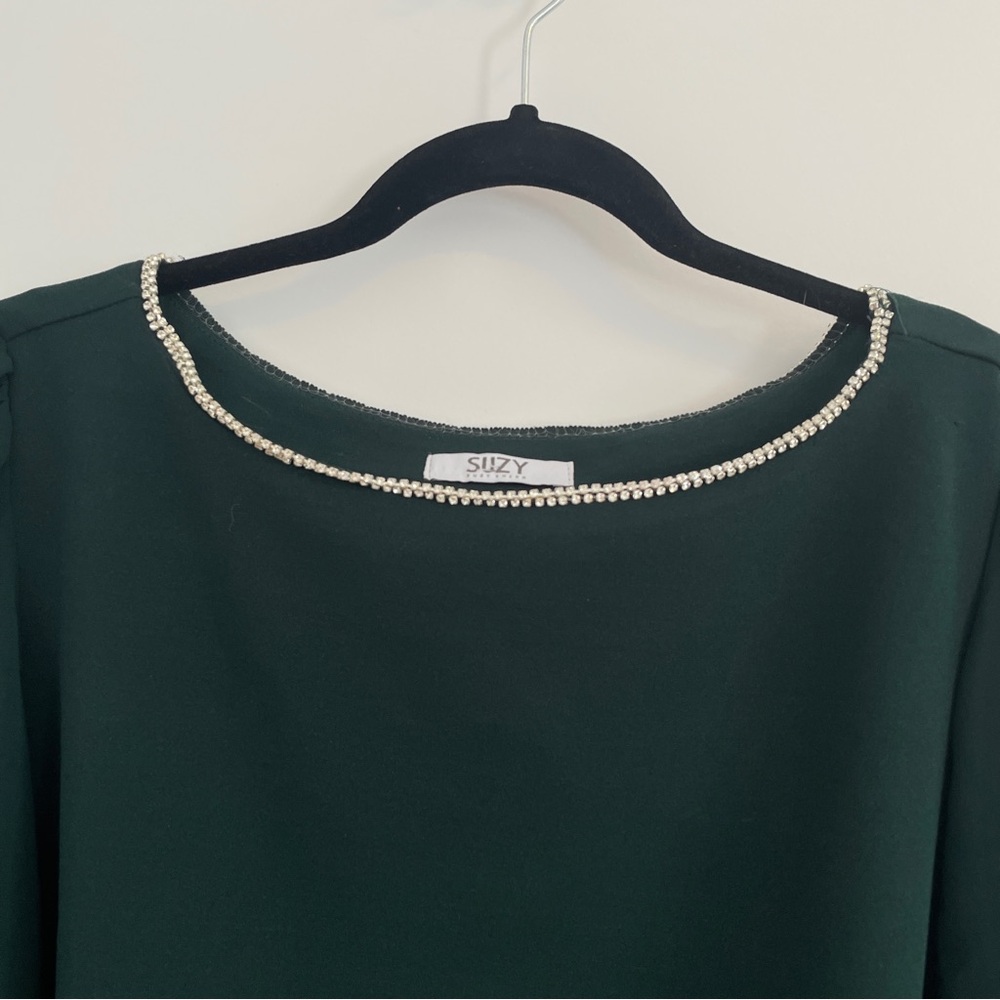 Suzy Shier Dark Green Blouse with Diamond Accents - Picture 2 of 7